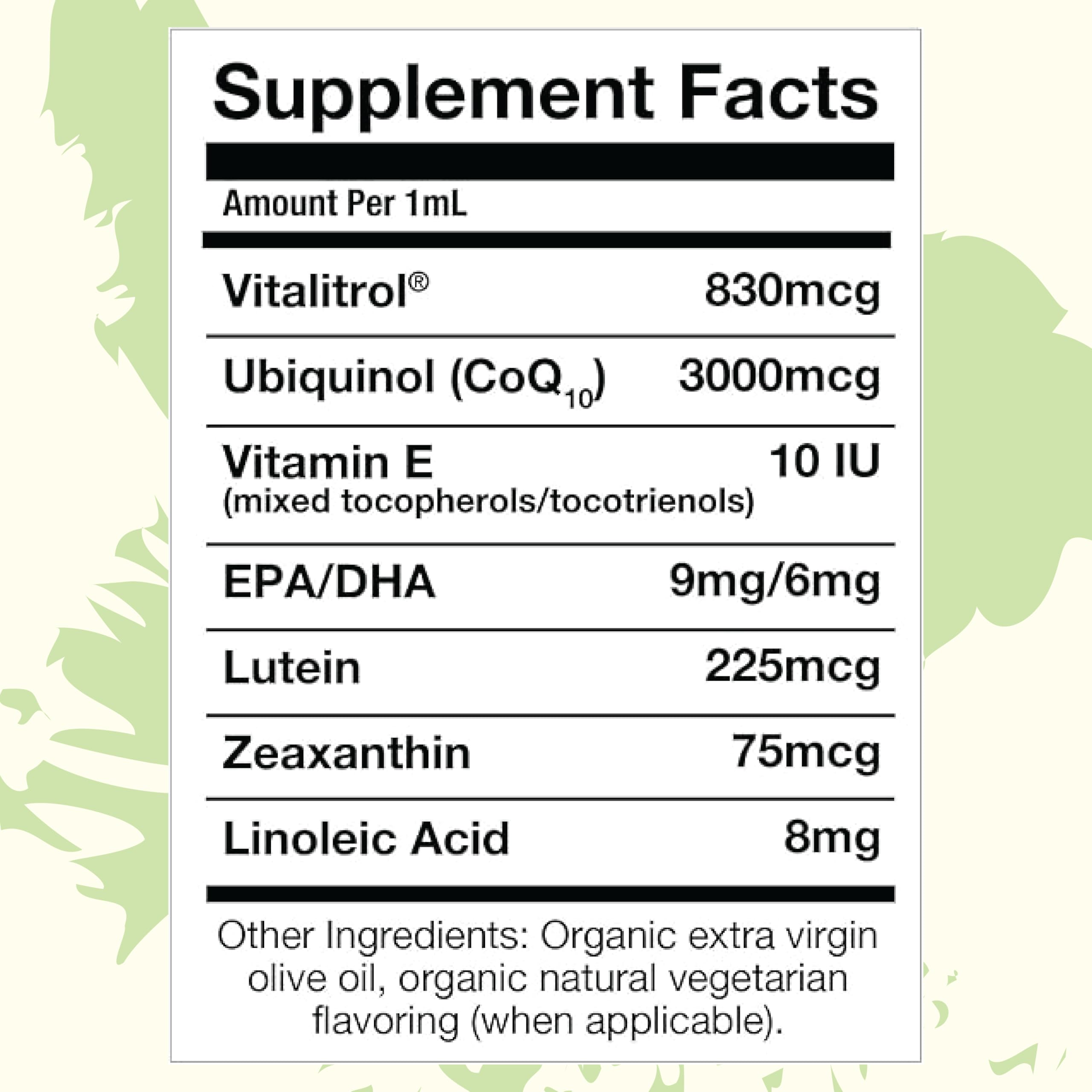 Ingredient chart highlights Ubiquinol, EPA/DHA, lutein and vitamin E.