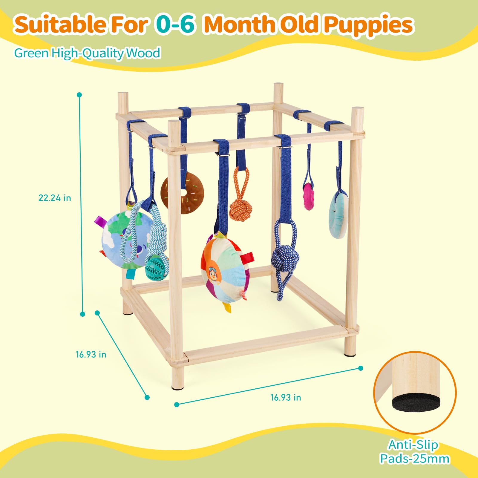 Retyion eight-hanging-toys-puppy-gym demonstrates varied enrichment and stimulation during play.