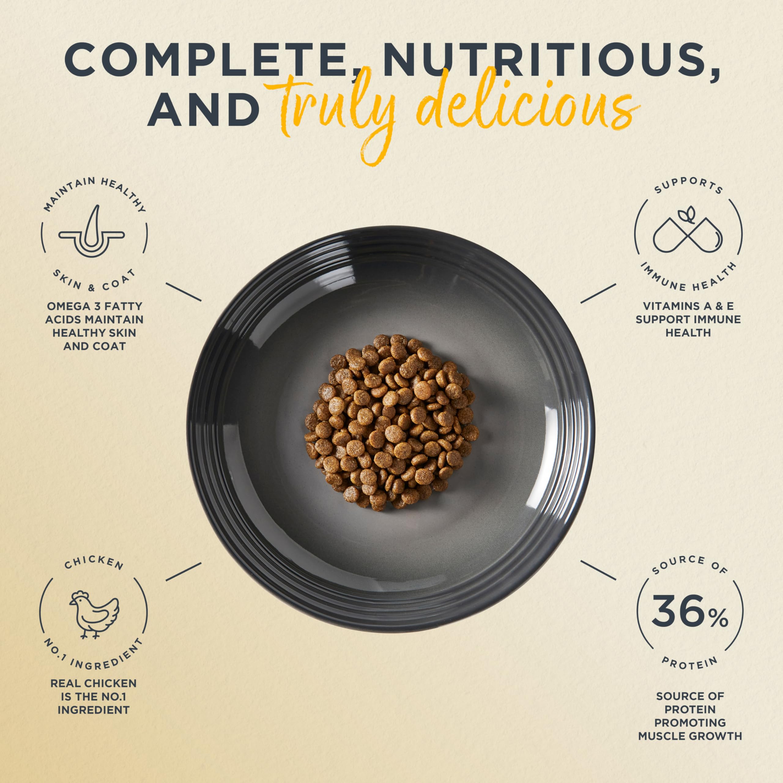 Reveal dry cat food cat meal bowl scene emphasizes balanced nutrition for adults.