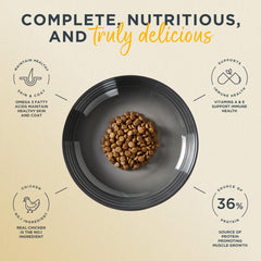 Reveal dry cat food cat meal bowl scene emphasizes balanced nutrition for adults.