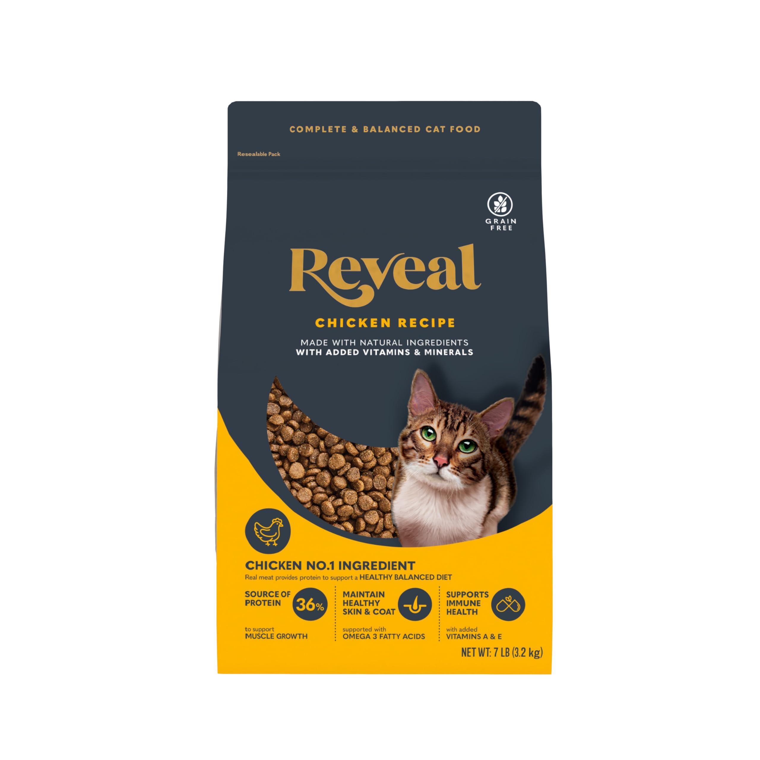 Reveal dry cat food chicken recipe 7lb bag highlights high-protein nutrition.