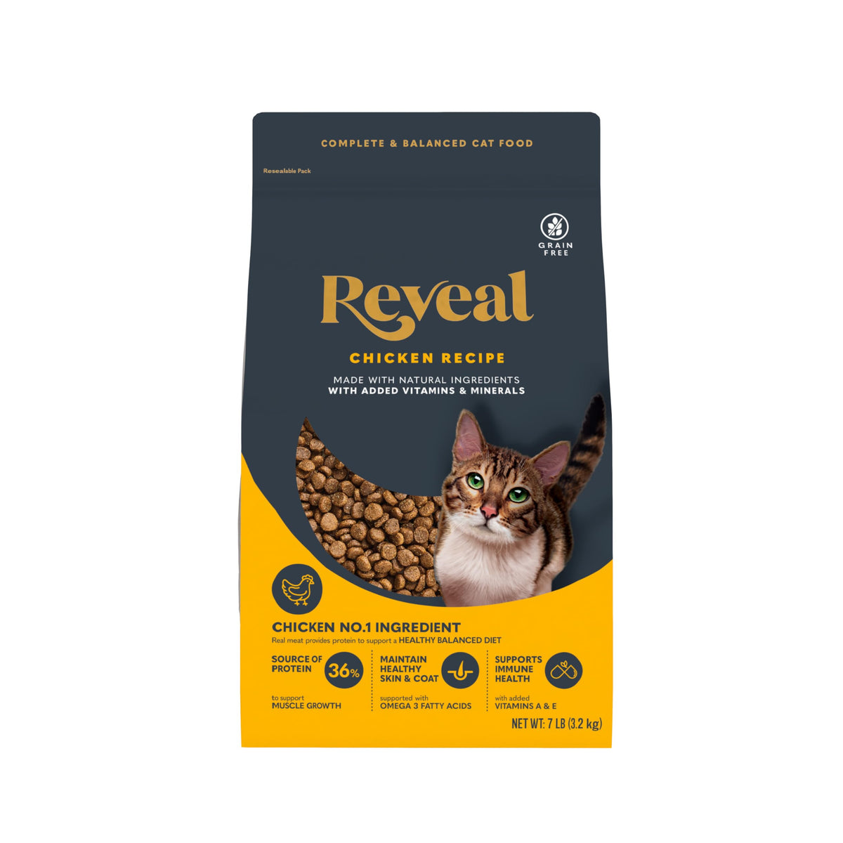 Reveal dry cat food chicken recipe 7lb bag highlights high-protein nutrition.