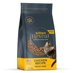 Reveal dry kitten food bag front shows high-protein formula for healthy growth.