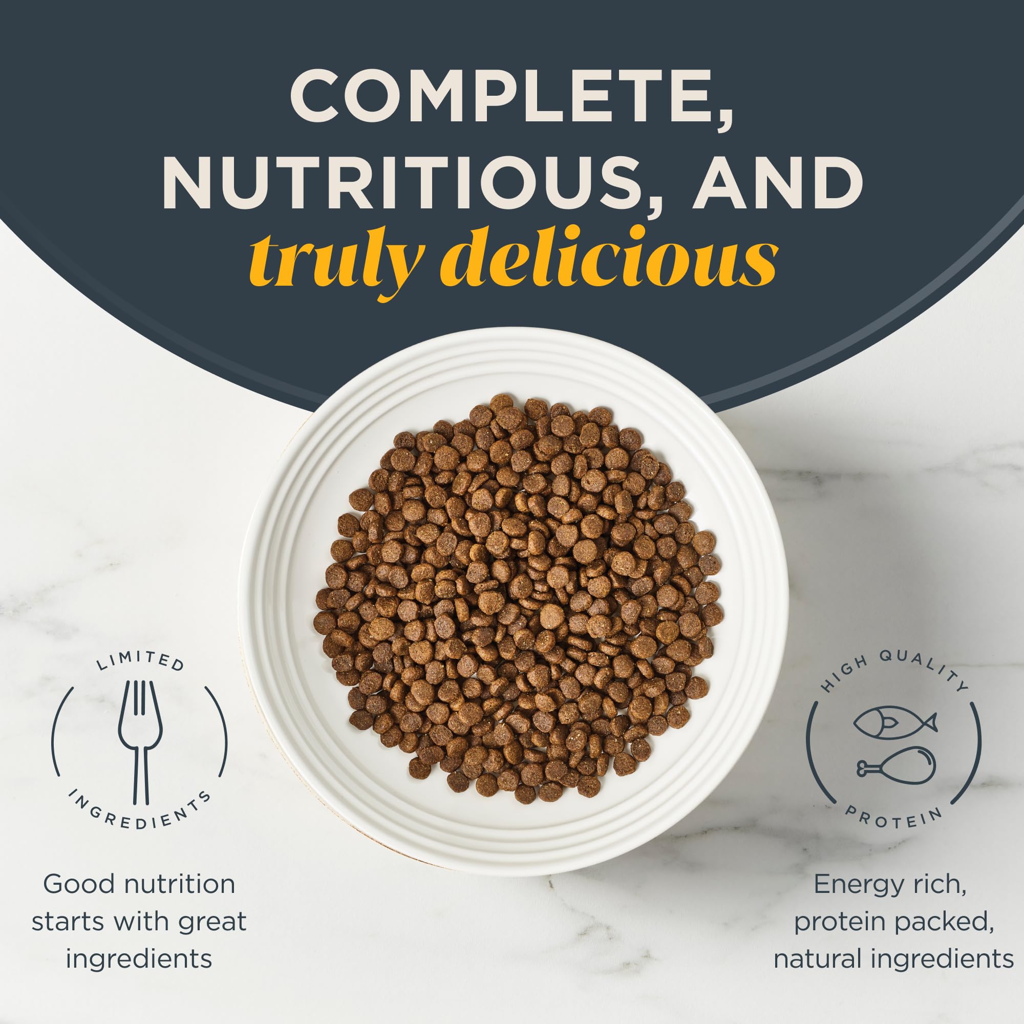 Reveal dry kitten food DHA feature label showcases omega-3 support for coat health.