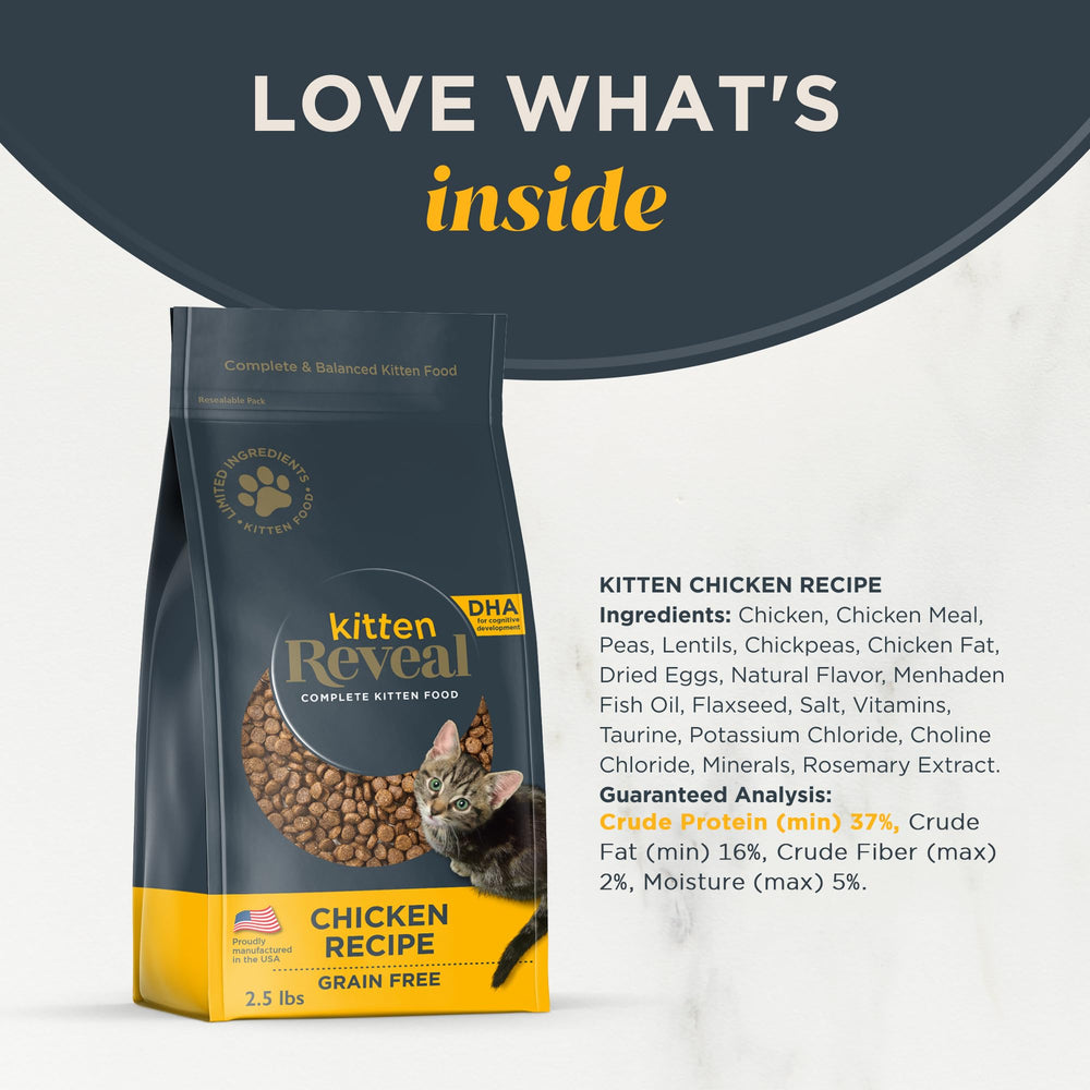 Reveal dry kitten food ingredients label emphasizes simple, trusted components.