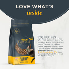 Reveal dry kitten food ingredients label emphasizes simple, trusted components.