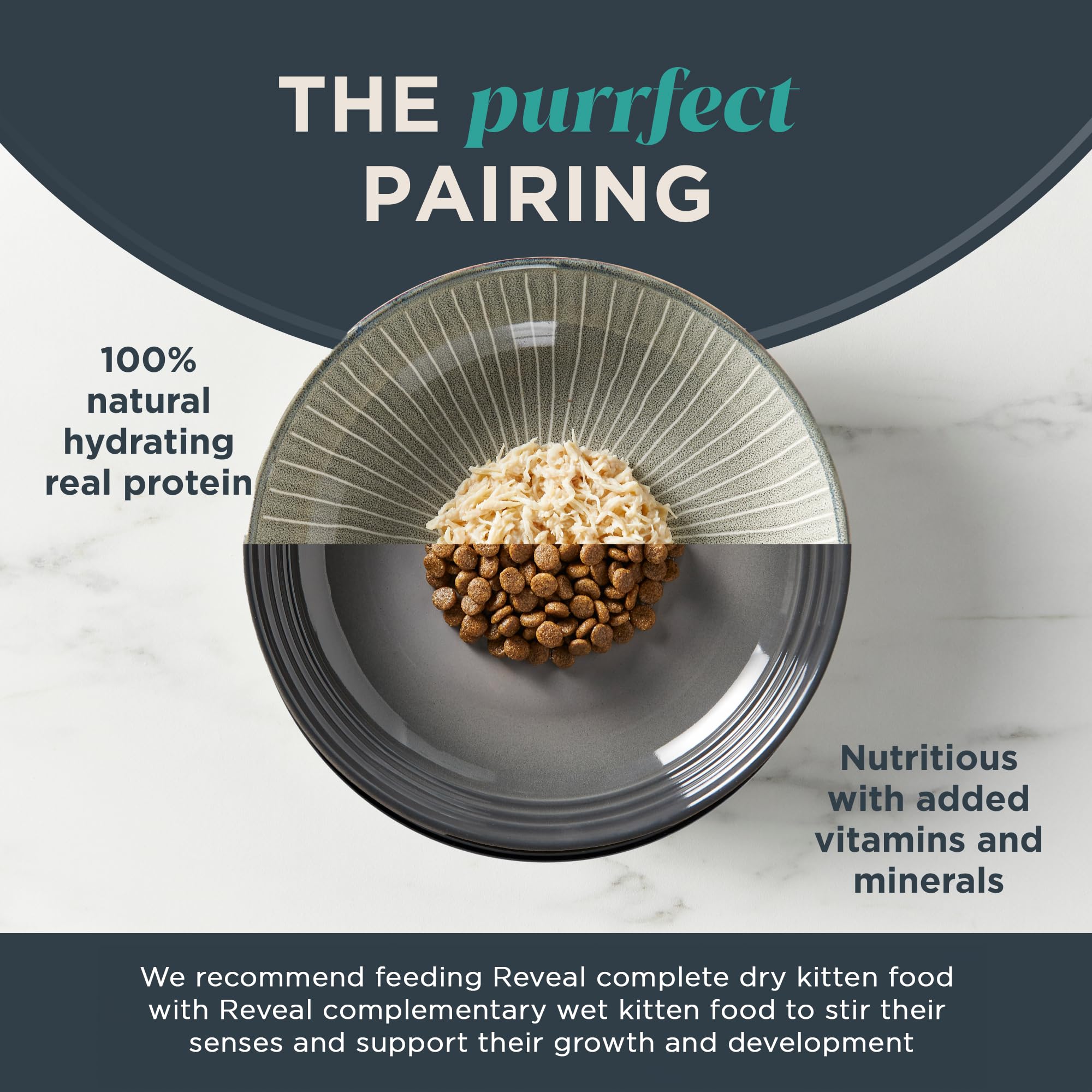 Reveal quality ingredients bag scene conveys clean, natural meal options for felines.