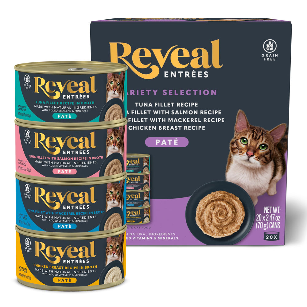 Reveal Entrées Paté cans close-up highlighting grain-free, high-protein nutrition for cats.