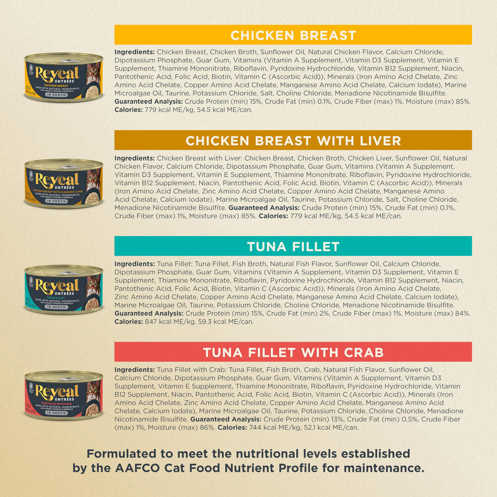Reveal Entrées real protein-first image shows prime meat as the main ingredient