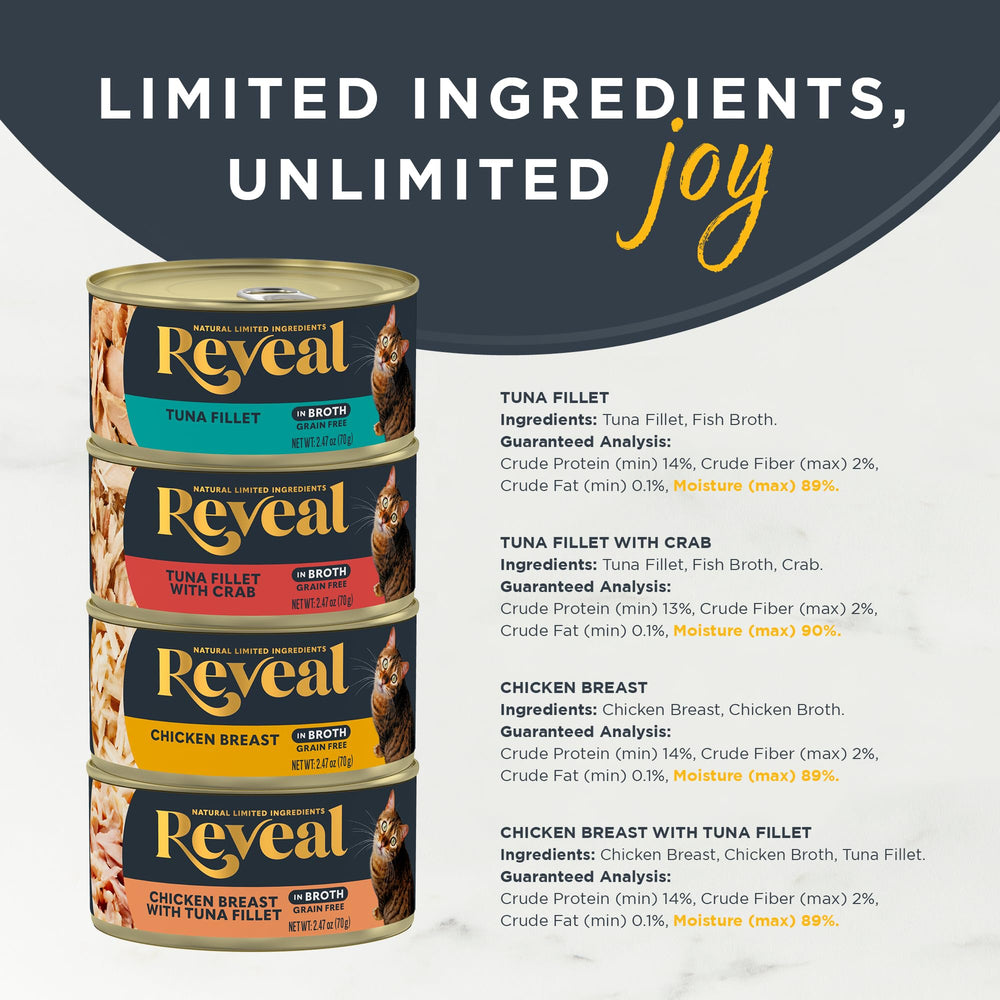 Reveal grain-free cat food in a serving bowl showcasing real protein first