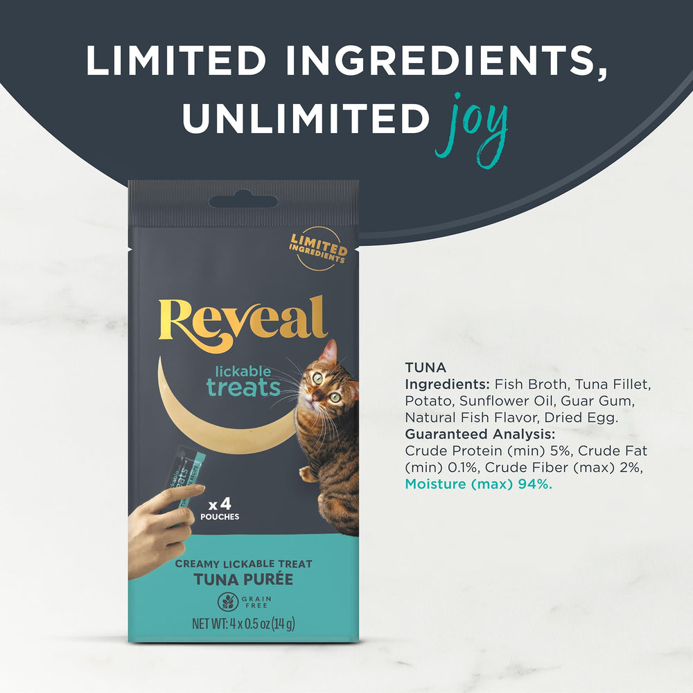 Reveal grain-free cat treats puree packaging; supports grain-free diets with natural ingredients.