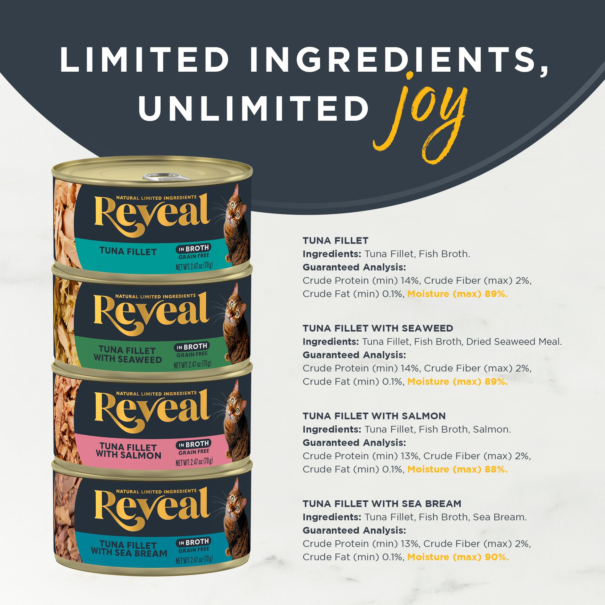 Reveal Grain-Free Recipe highlights limited ingredients for sensitive tummies and simple nutrition.