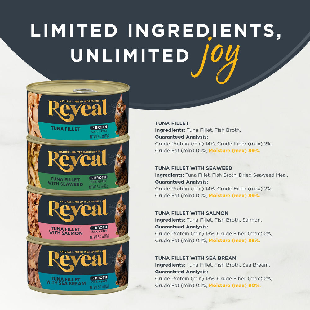 Reveal Grain-Free Recipe highlights limited ingredients for sensitive tummies and simple nutrition.