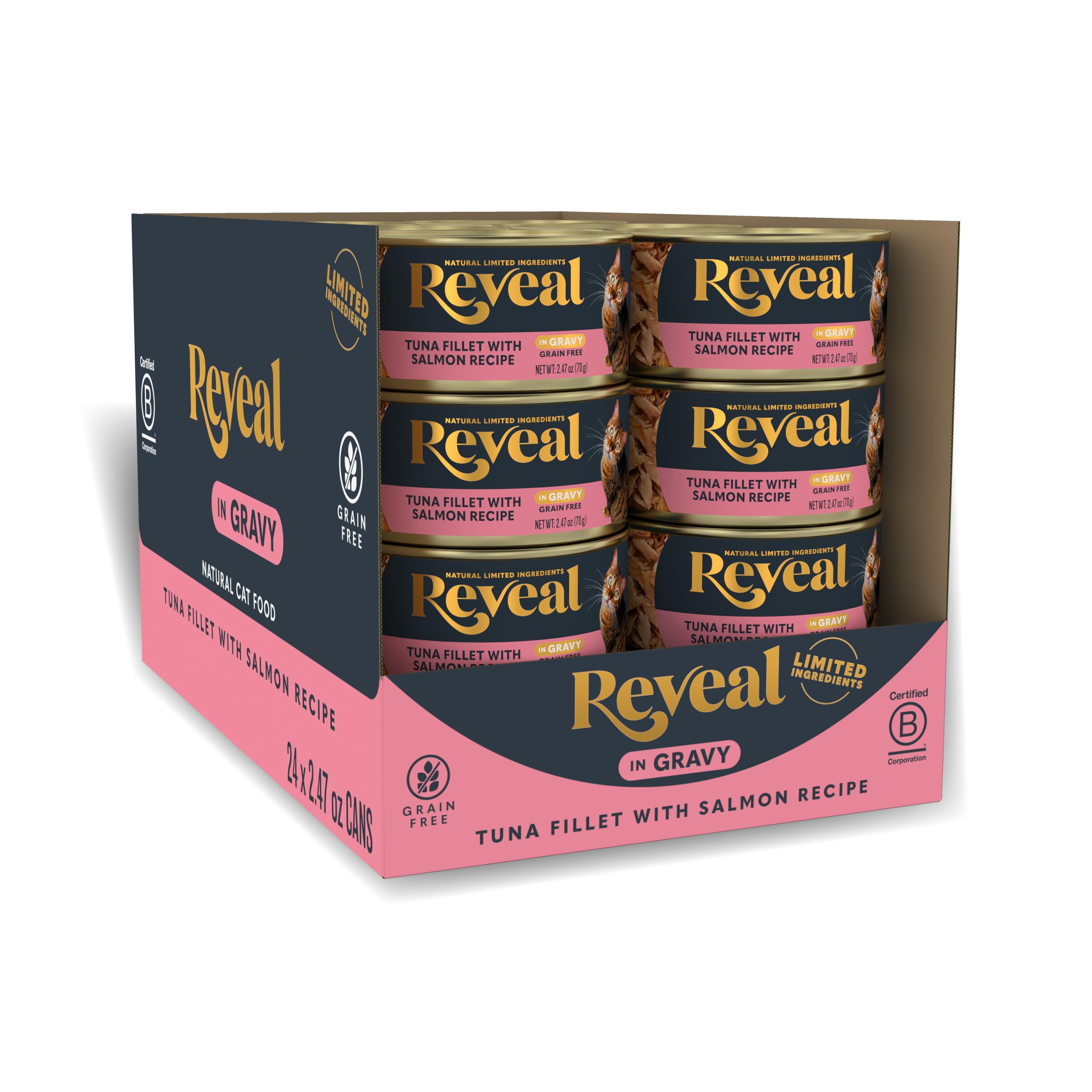 Reveal grain-free wet cat food can with tuna and salmon in gravy, appealing flavor and moisture