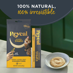 Reveal Lickable Cat Treats chicken puree close-up highlights protein-first formula for picky cats.