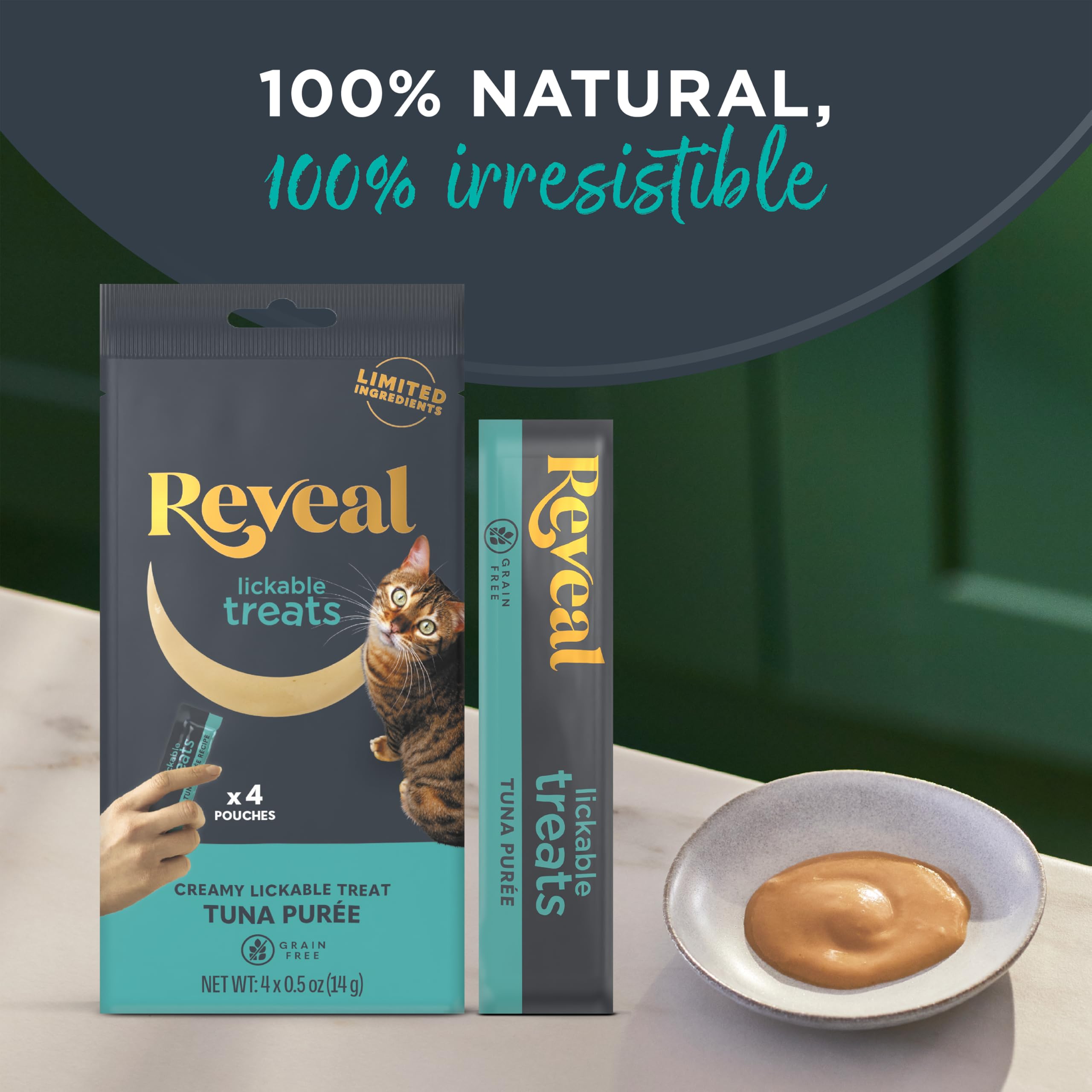 Reveal lickable puree cat treat; texture shown, supports picky eaters during snacking.