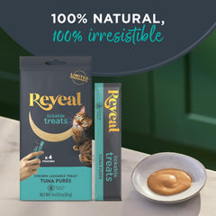 Reveal lickable puree cat treat; texture shown, supports picky eaters during snacking.