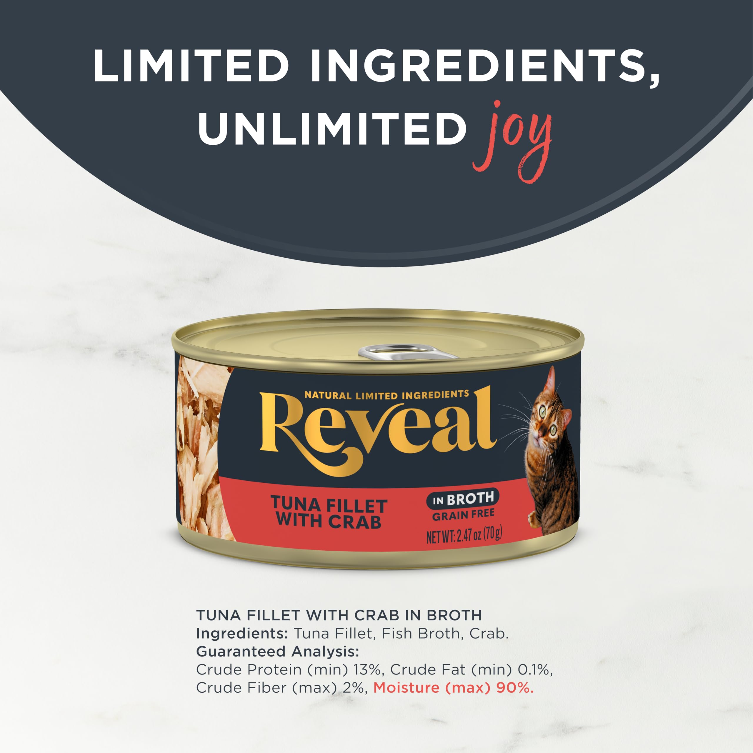 Reveal Limited Ingredients Grain Free logo focuses on simple, wholesome recipes for discerning cats.