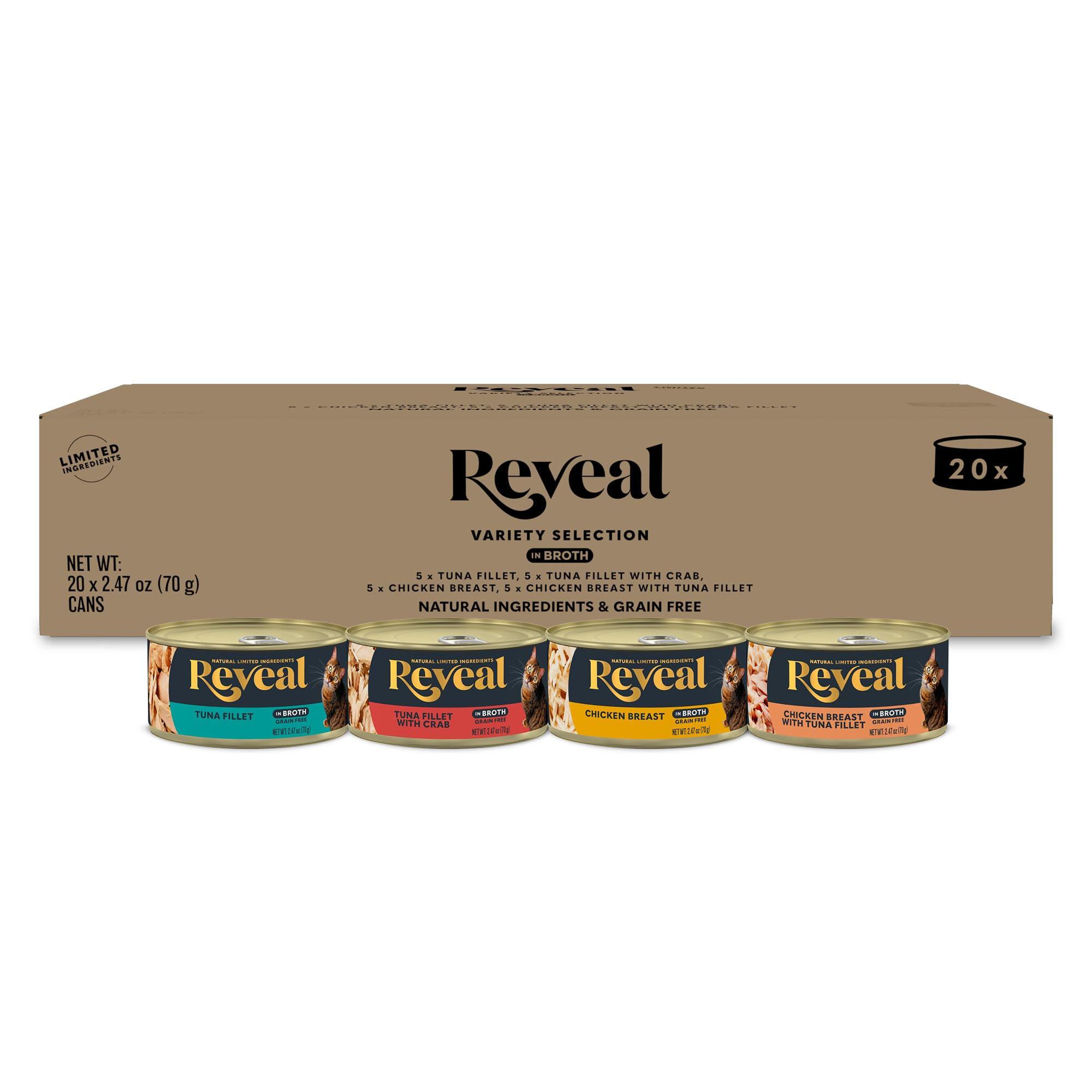 Reveal natural wet cat food cans in a pack highlighting grain-free formula for cats