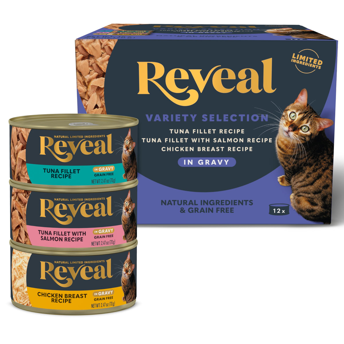 Reveal natural wet cat food cans in gravy highlight protein and hydration