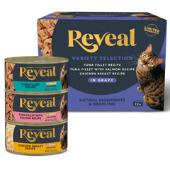 Reveal natural wet cat food cans in gravy highlight protein and hydration
