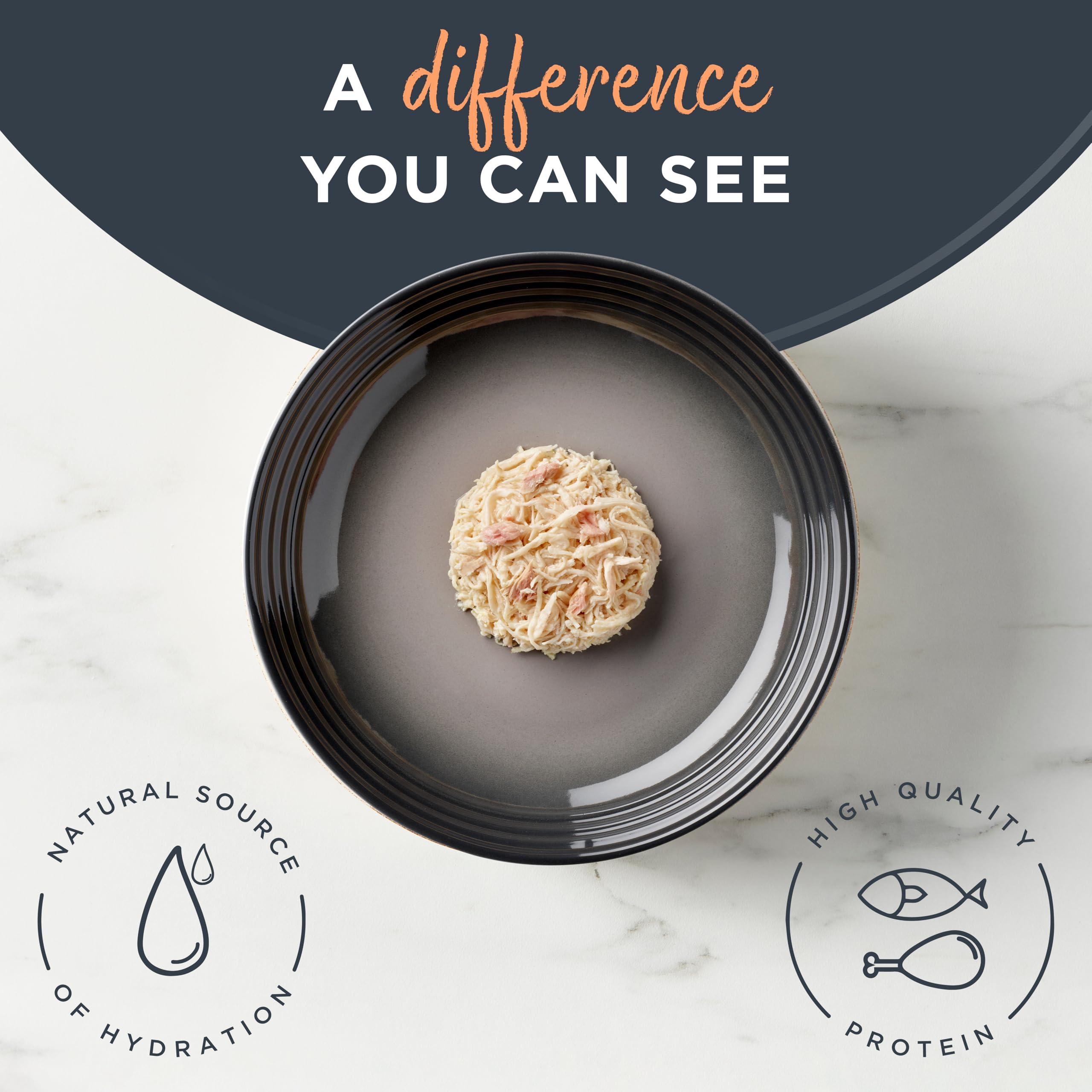 Reveal natural wet cat food chicken-tuna display emphasizes protein-rich flavor in broth.