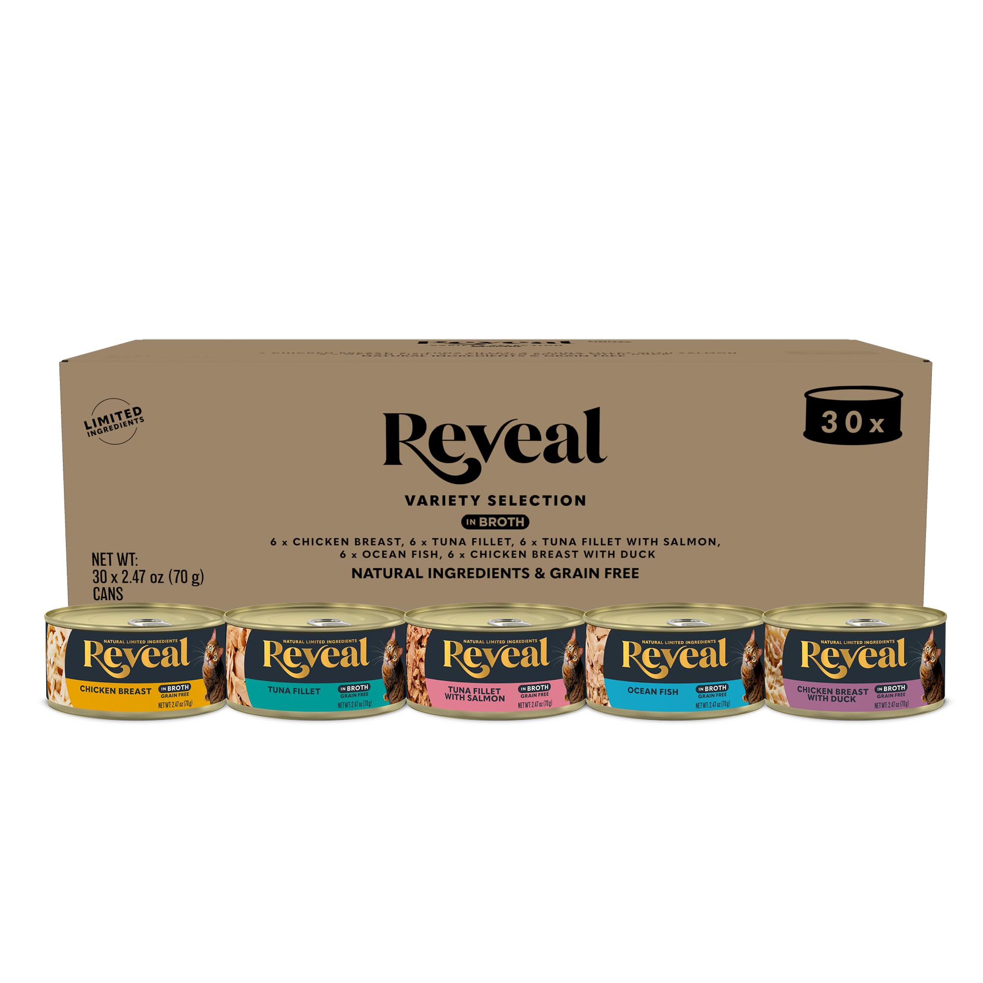 Reveal natural wet cat food front label highlights grain-free ingredients.
