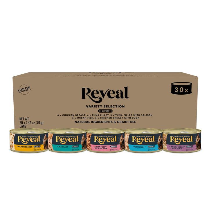 Reveal natural wet cat food front label highlights grain-free ingredients.