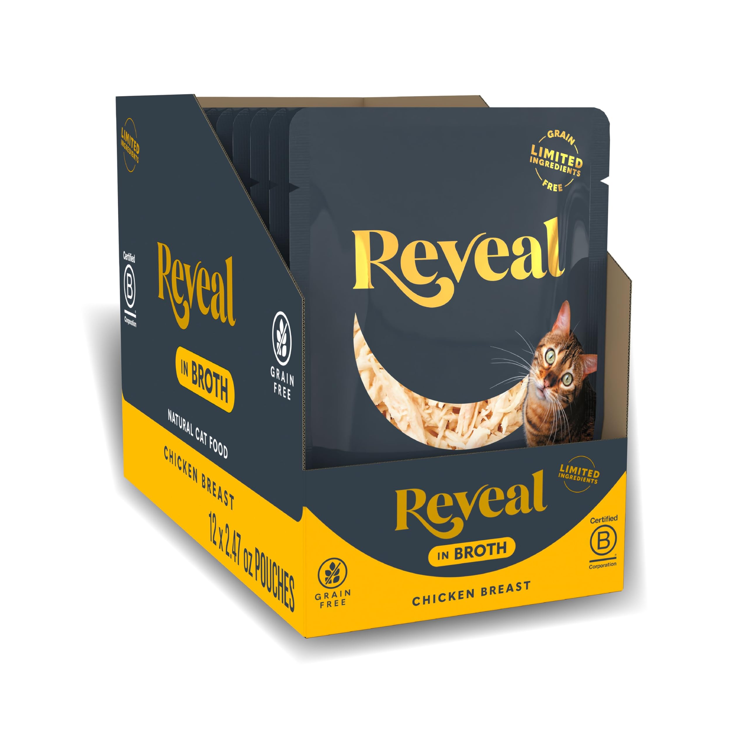 Reveal natural wet cat food packaging showing simple ingredients and clean design.