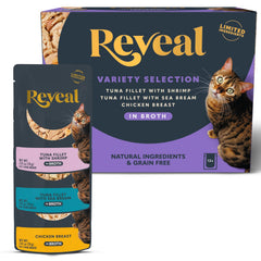 Reveal natural wet cat food pouch tuna shrimp shows real protein for discerning cats