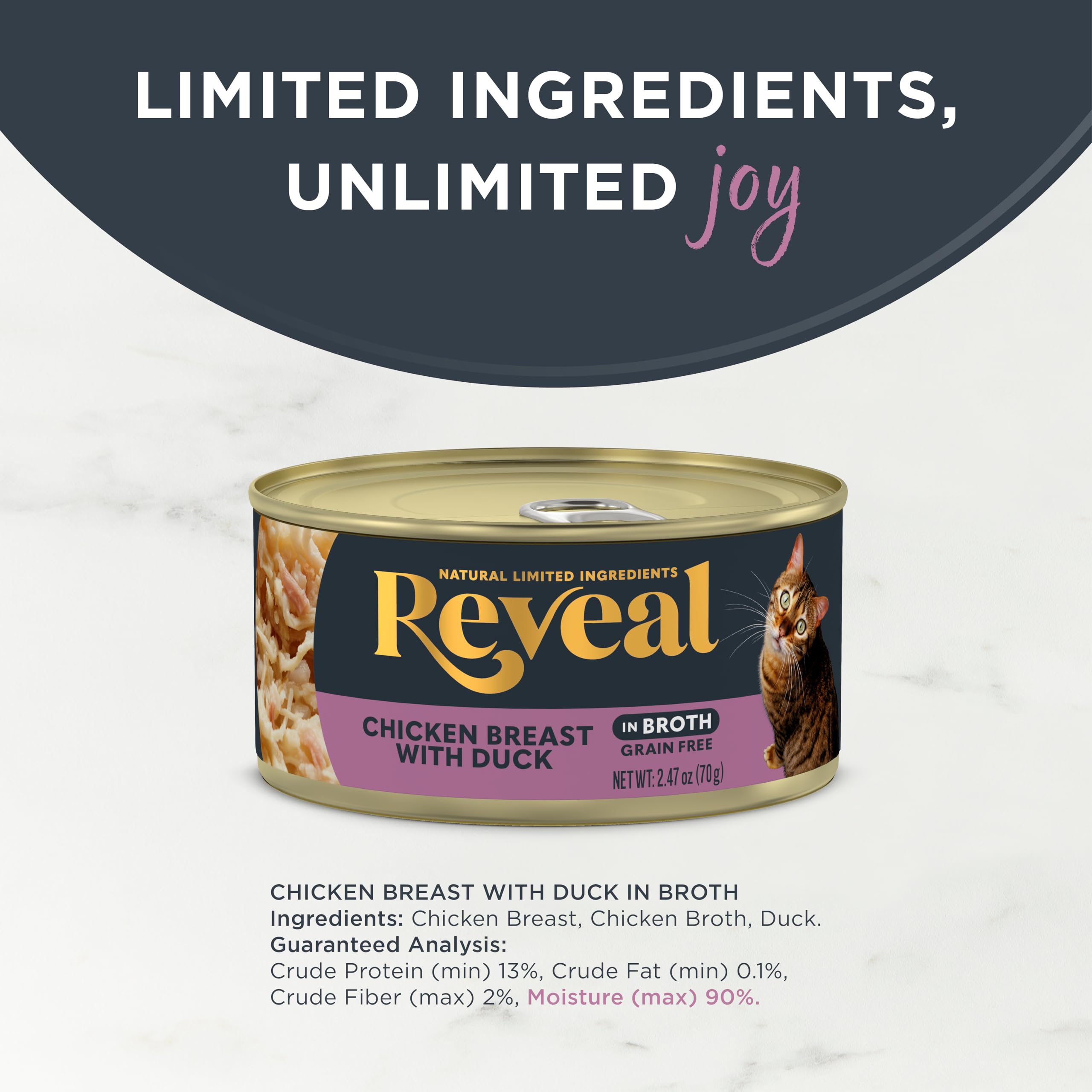 Reveal Natural Wet Cat Food protein-first image signals high-quality protein in every bite.
