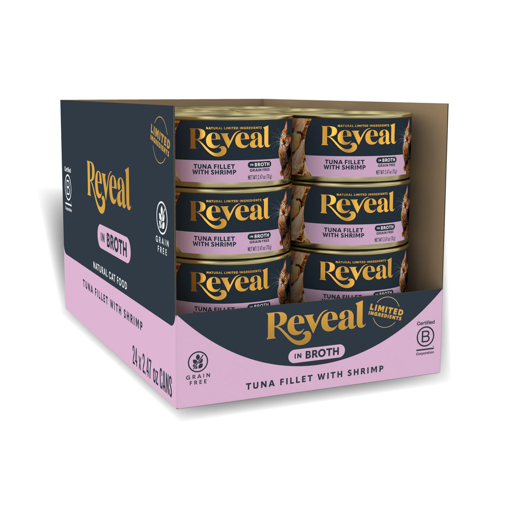 Reveal natural wet cat food tuna fillet with shrimp in broth cans front view highlighting hydration