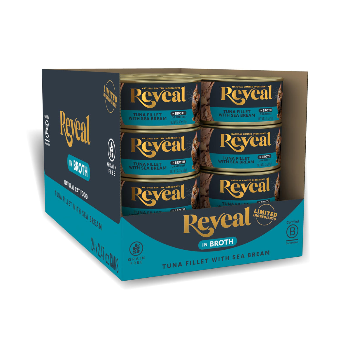 Reveal tuna sea bream in broth can, high-protein feline meal.