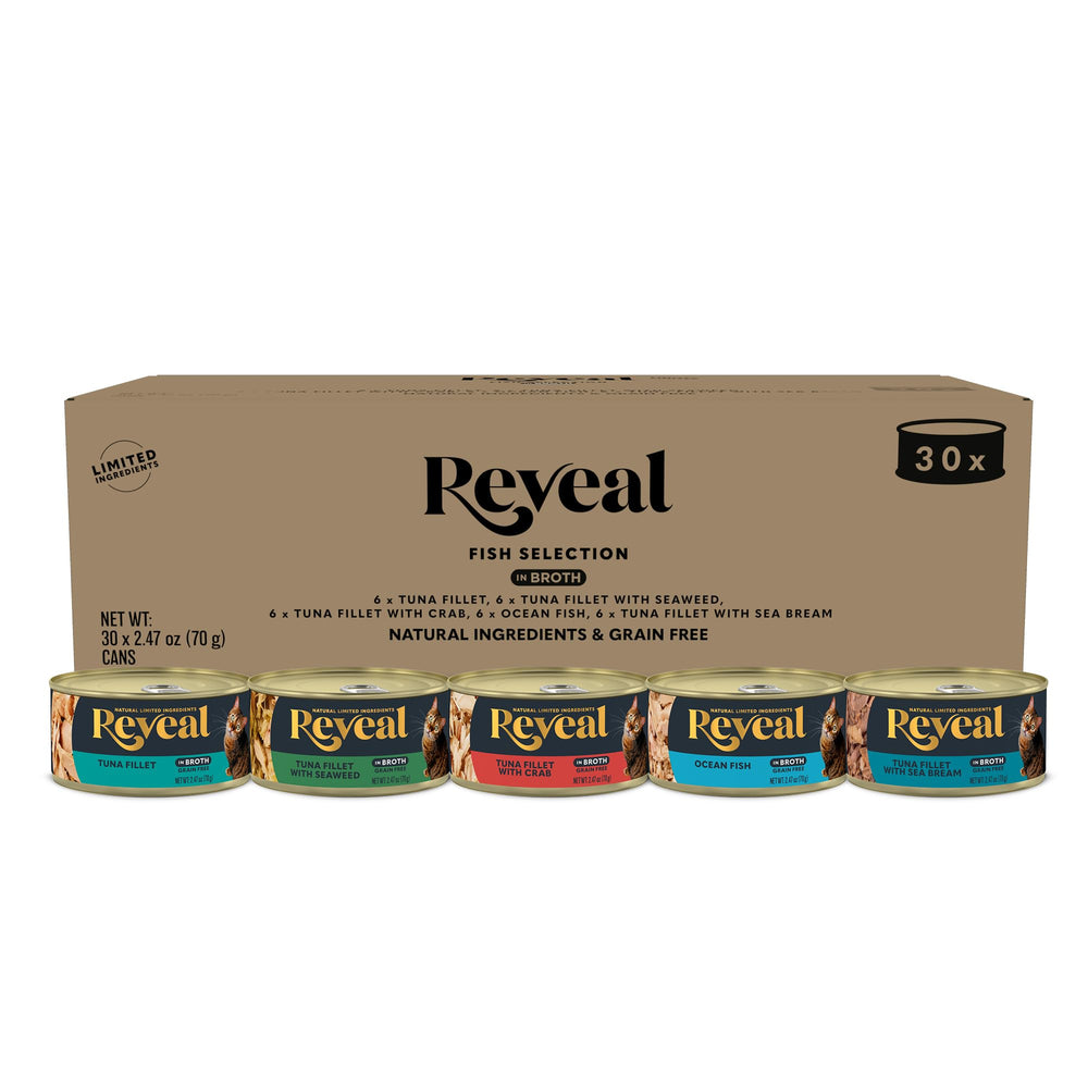 Reveal Natural Wet Cat Food variety pack cans showing wholesome meals for picky eaters