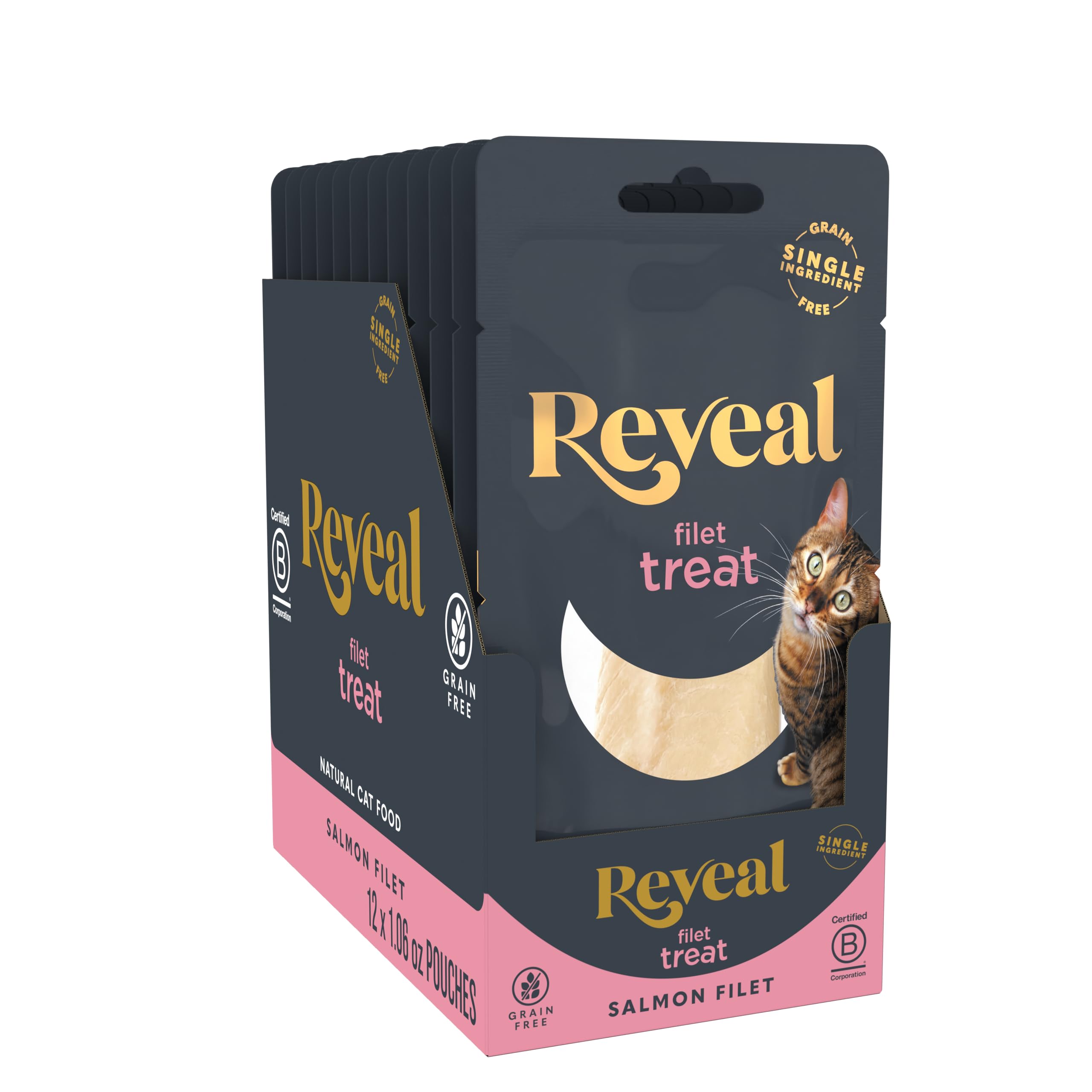 Reveal salmon loin treat pack shows a wholesome single-ingredient snack for cats.