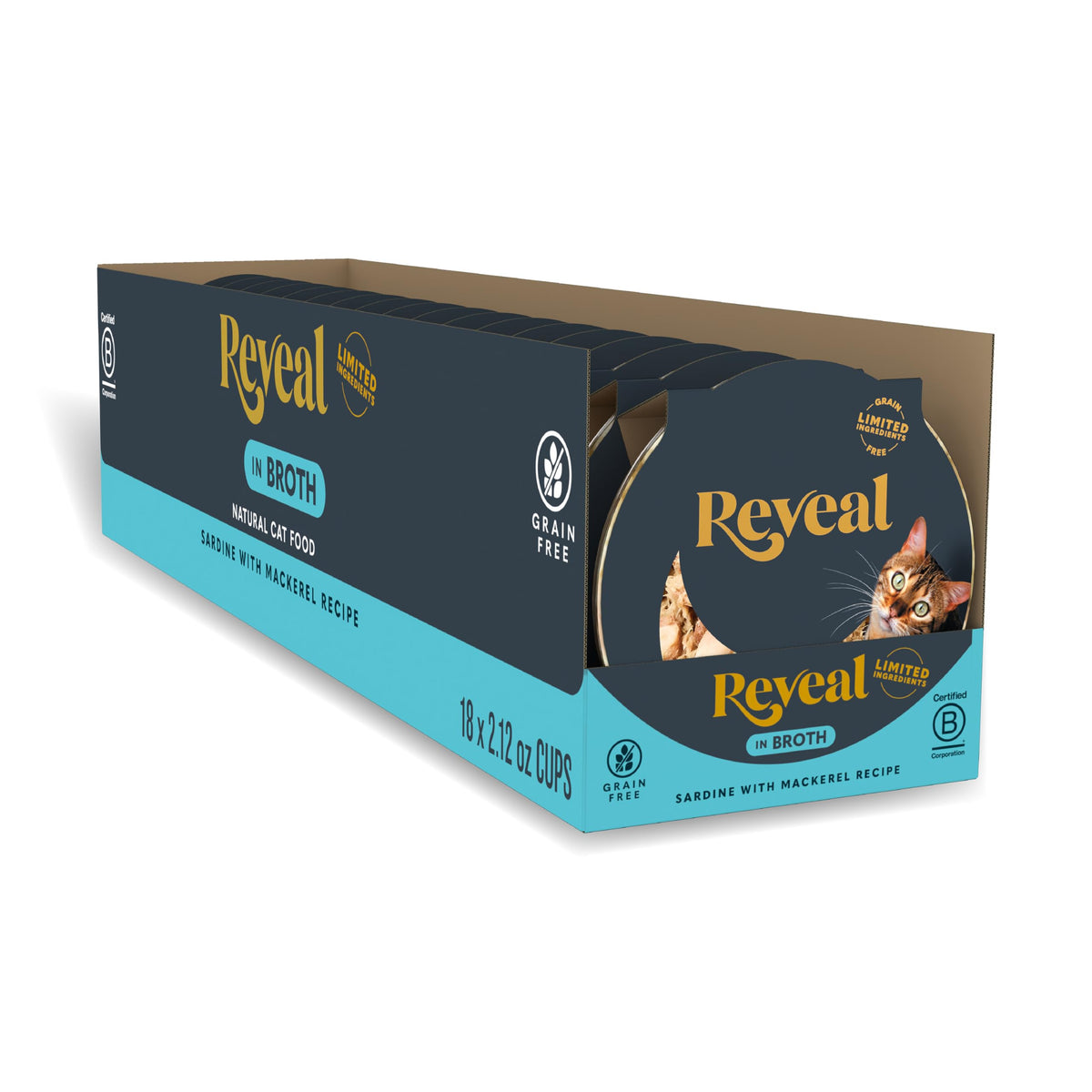 Reveal sardine with mackerel in broth cups offer real protein for picky cats.