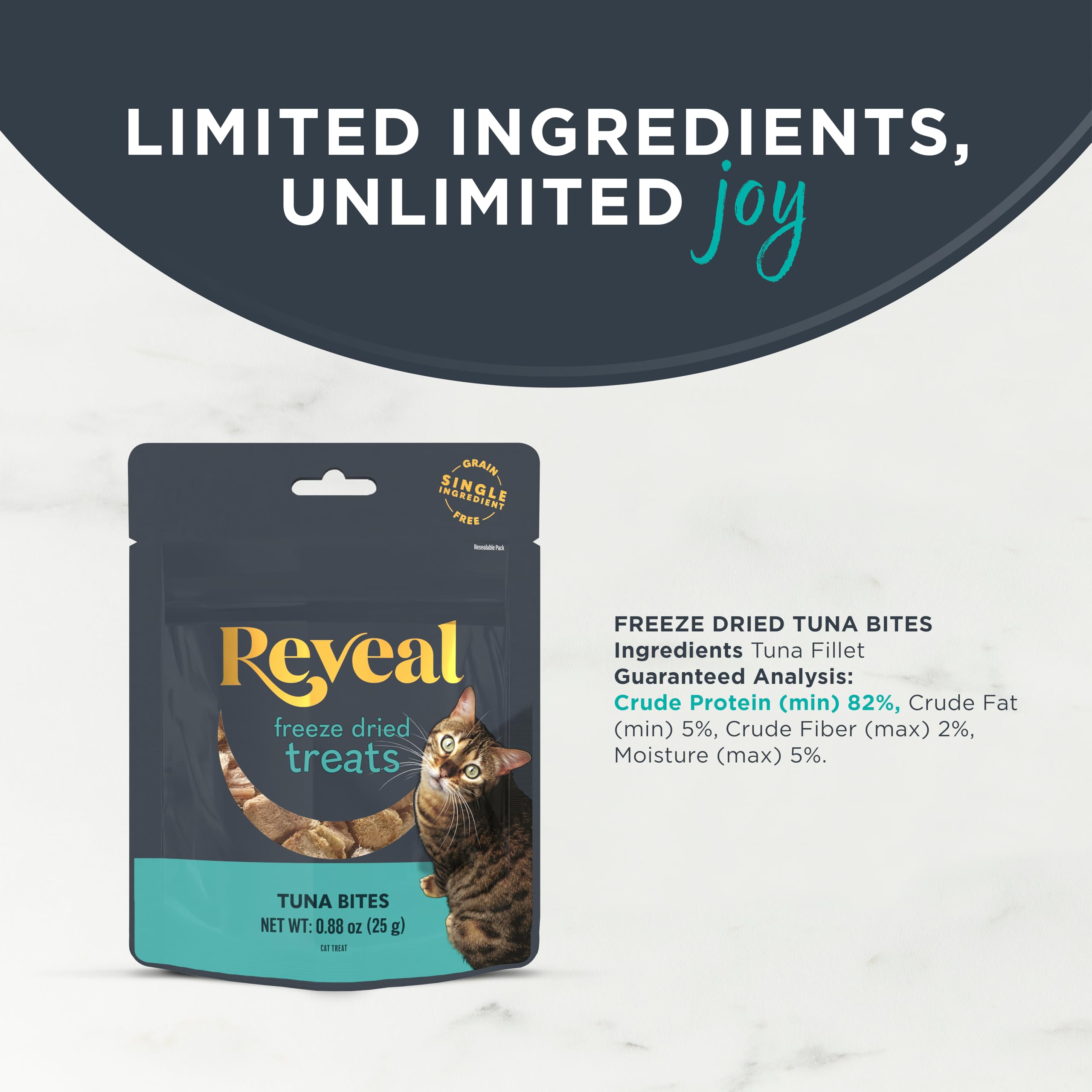 Sealed pouch of Reveal Tuna Fillet Bites preserves freshness.