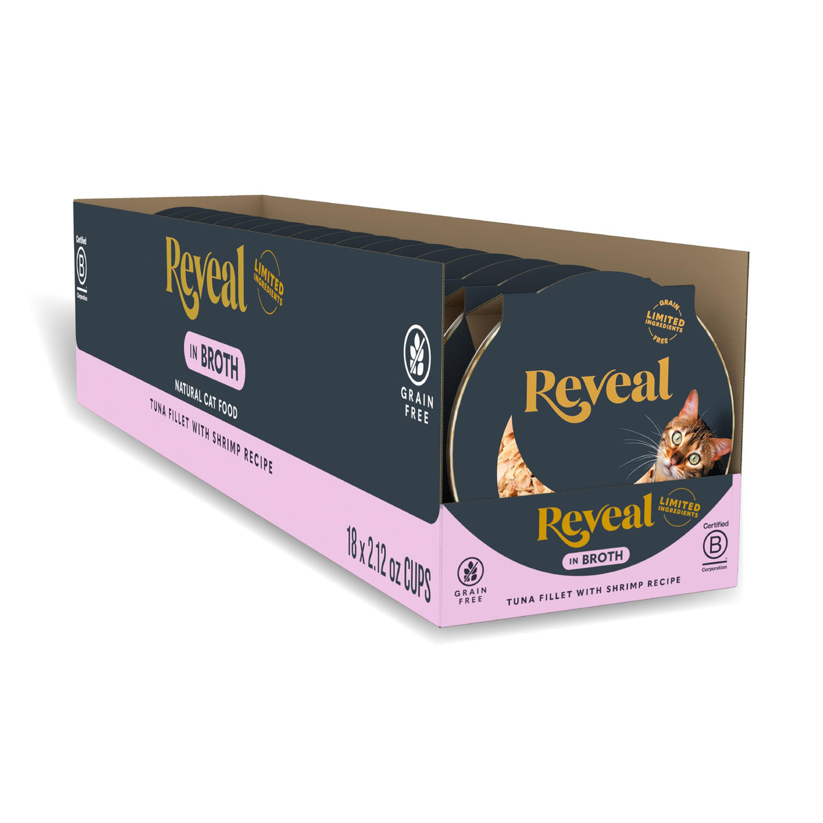 Reveal tuna fillet with shrimp in broth pot close-up, high-protein meal for cats.