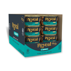 Reveal tuna in gravy can highlighting high protein natural ingredients for cats