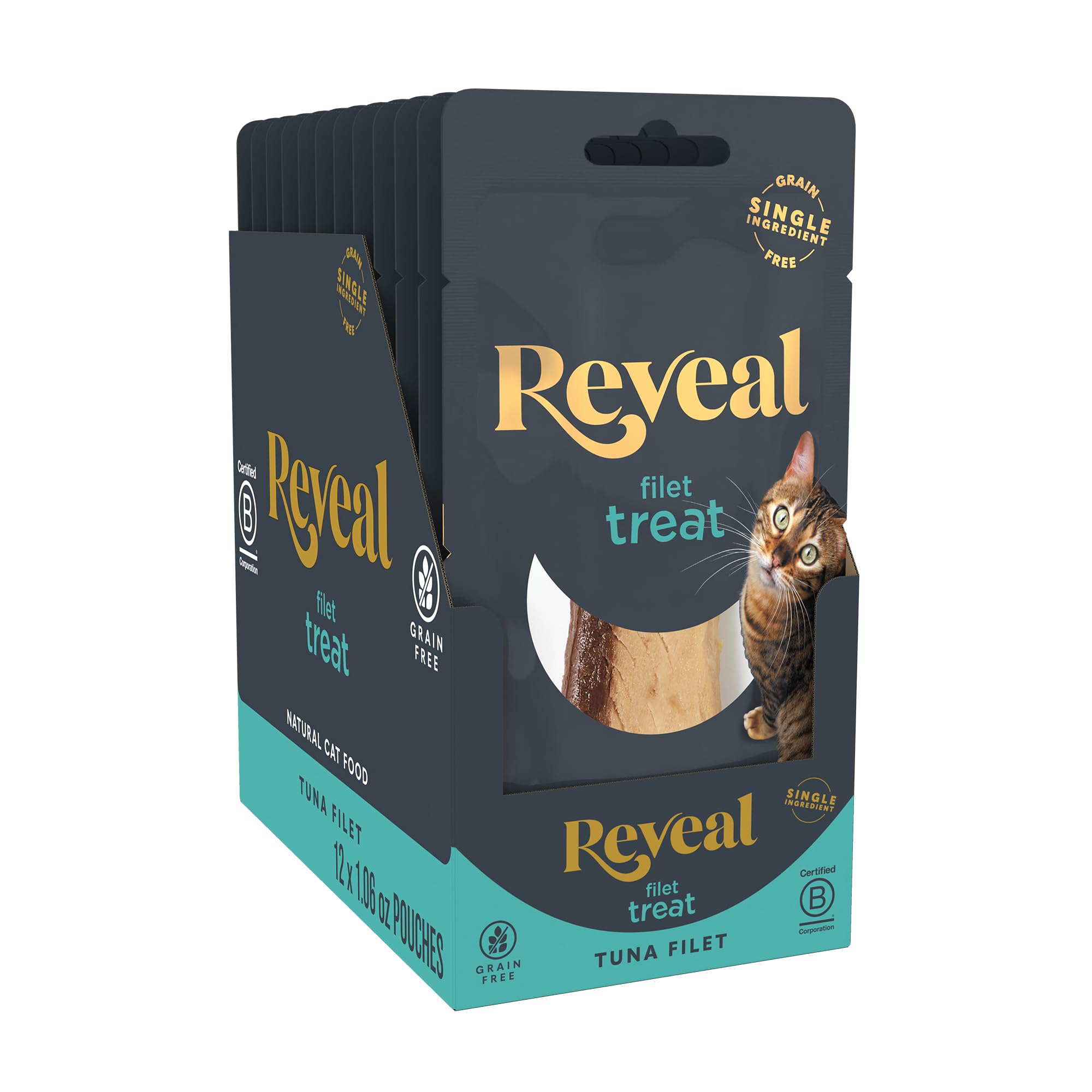 Reveal tuna loin treat packaging highlights single-ingredient grain-free cat snack