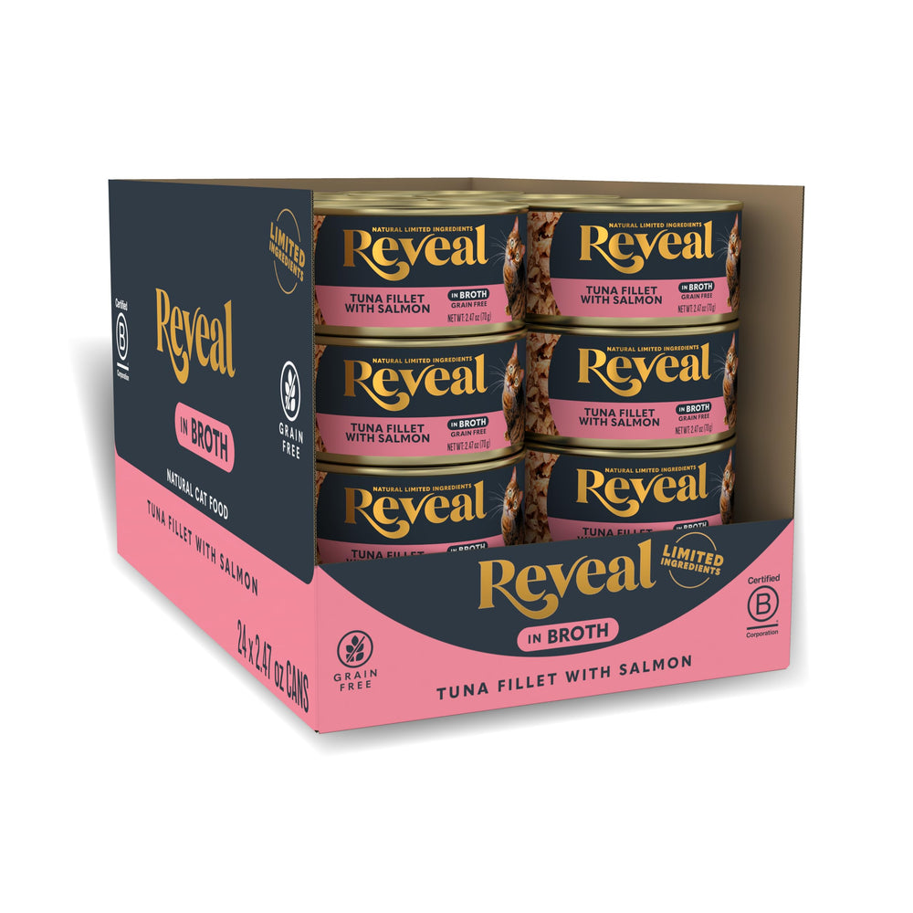 Reveal tuna-salmon in broth can pack showing natural ingredients and appetizing texture.