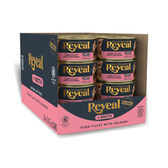 Reveal tuna-salmon in broth can pack showing natural ingredients and appetizing texture.