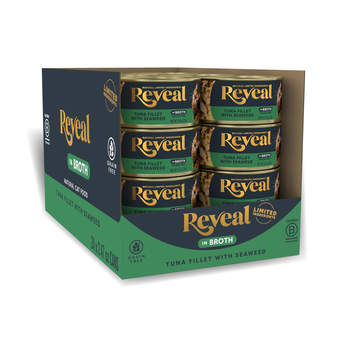 Reveal tuna with seaweed in broth cat food can, emphasizing real protein first and hydration