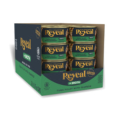 Reveal tuna with seaweed in broth cat food can, emphasizing real protein first and hydration