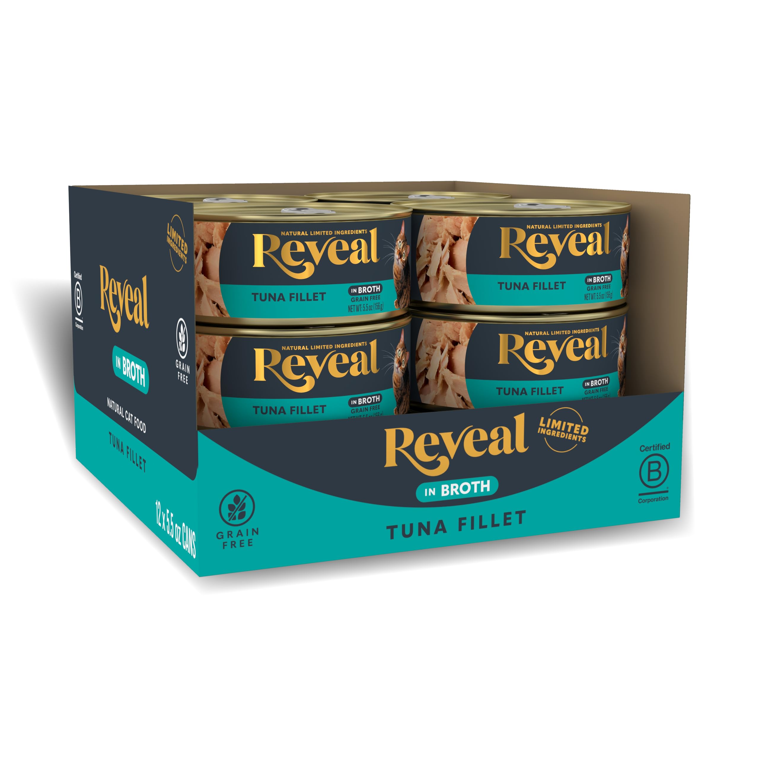 Reveal wet cat food with tuna-broth cans showing hydrating, high-protein nourishment