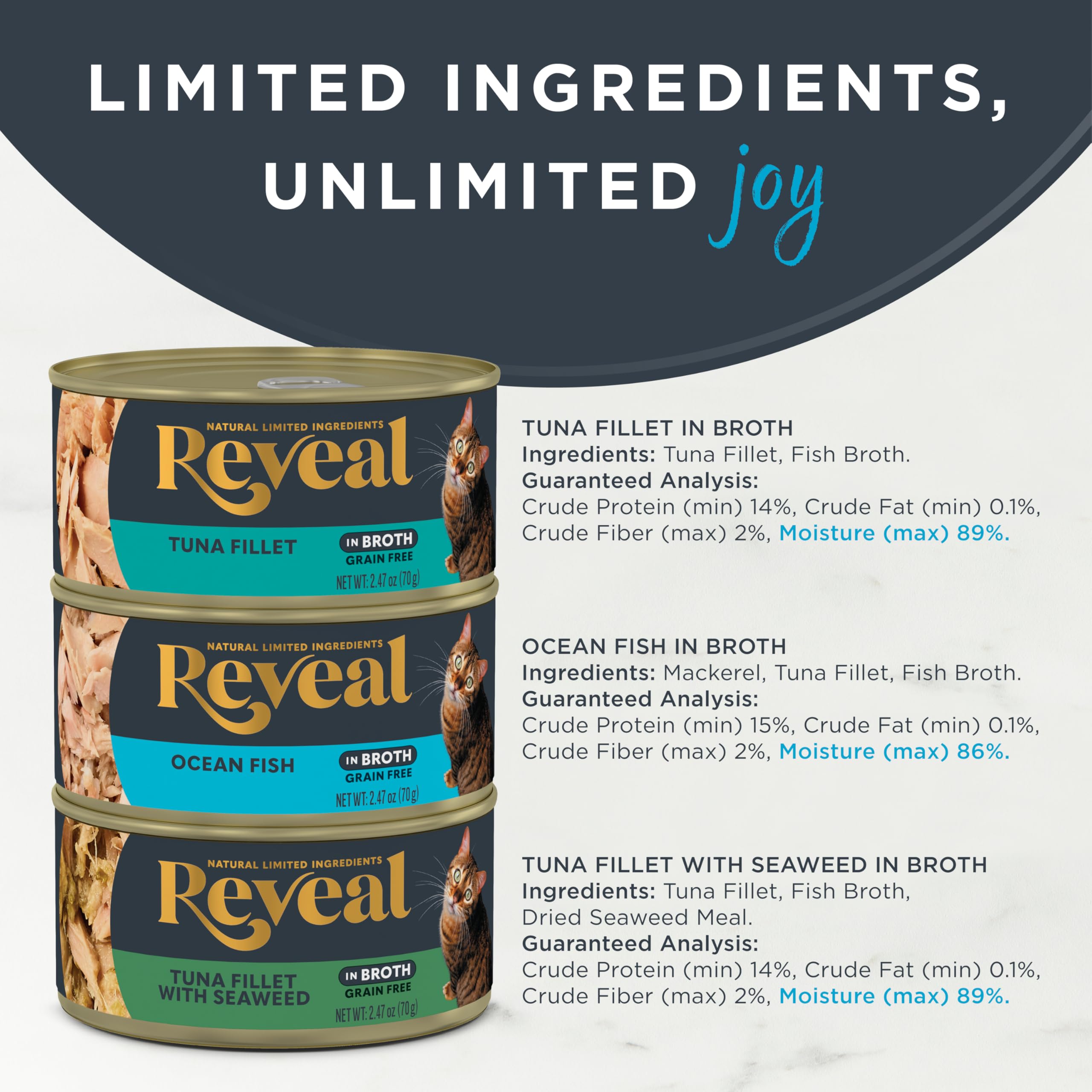 Reveal tuna fillet in broth close-up emphasizes real protein first ingredient.
