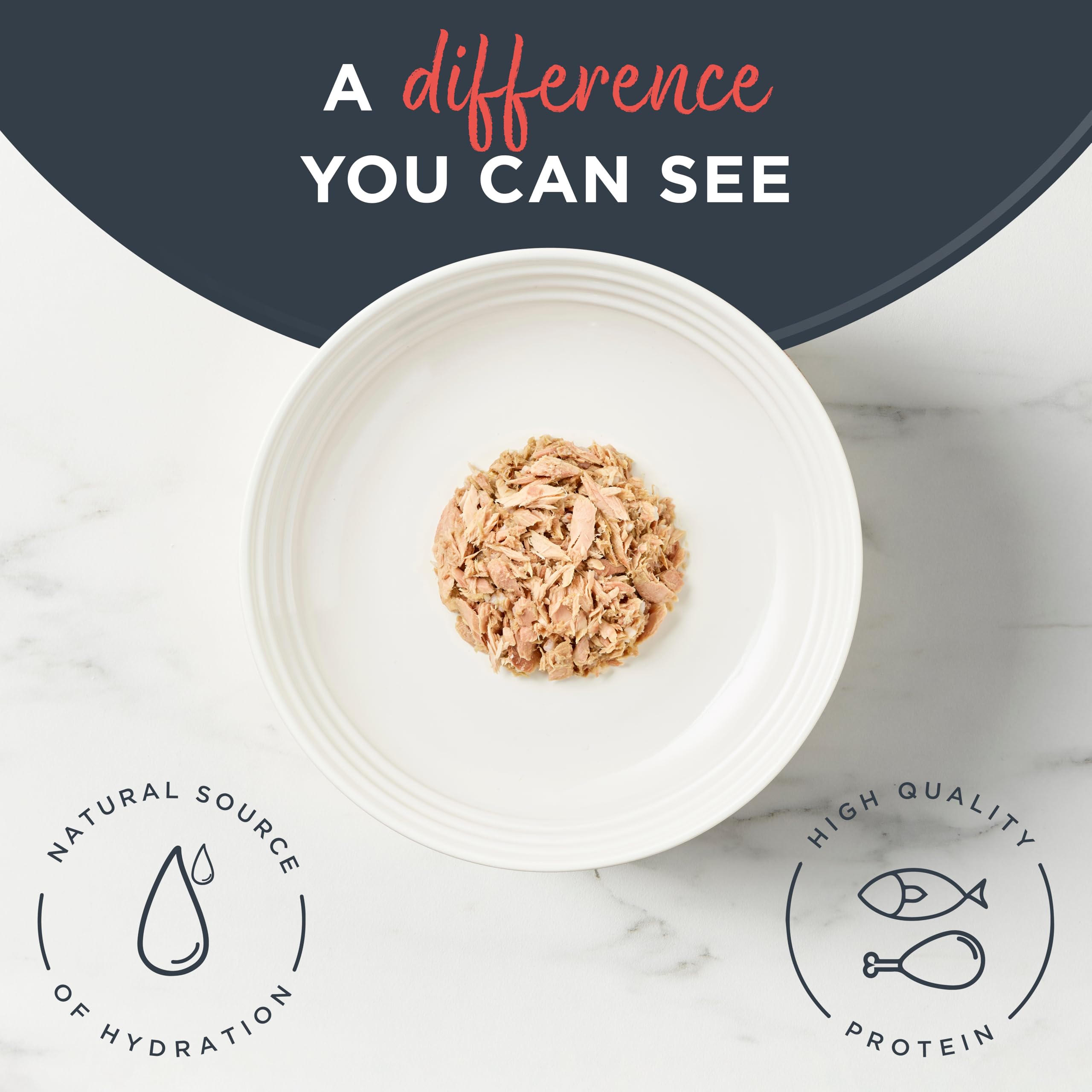 Reveal wet cat food in bowl with tuna and crab bites appealing to picky cats.