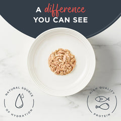 Reveal wet cat food in bowl with tuna and crab bites appealing to picky cats.