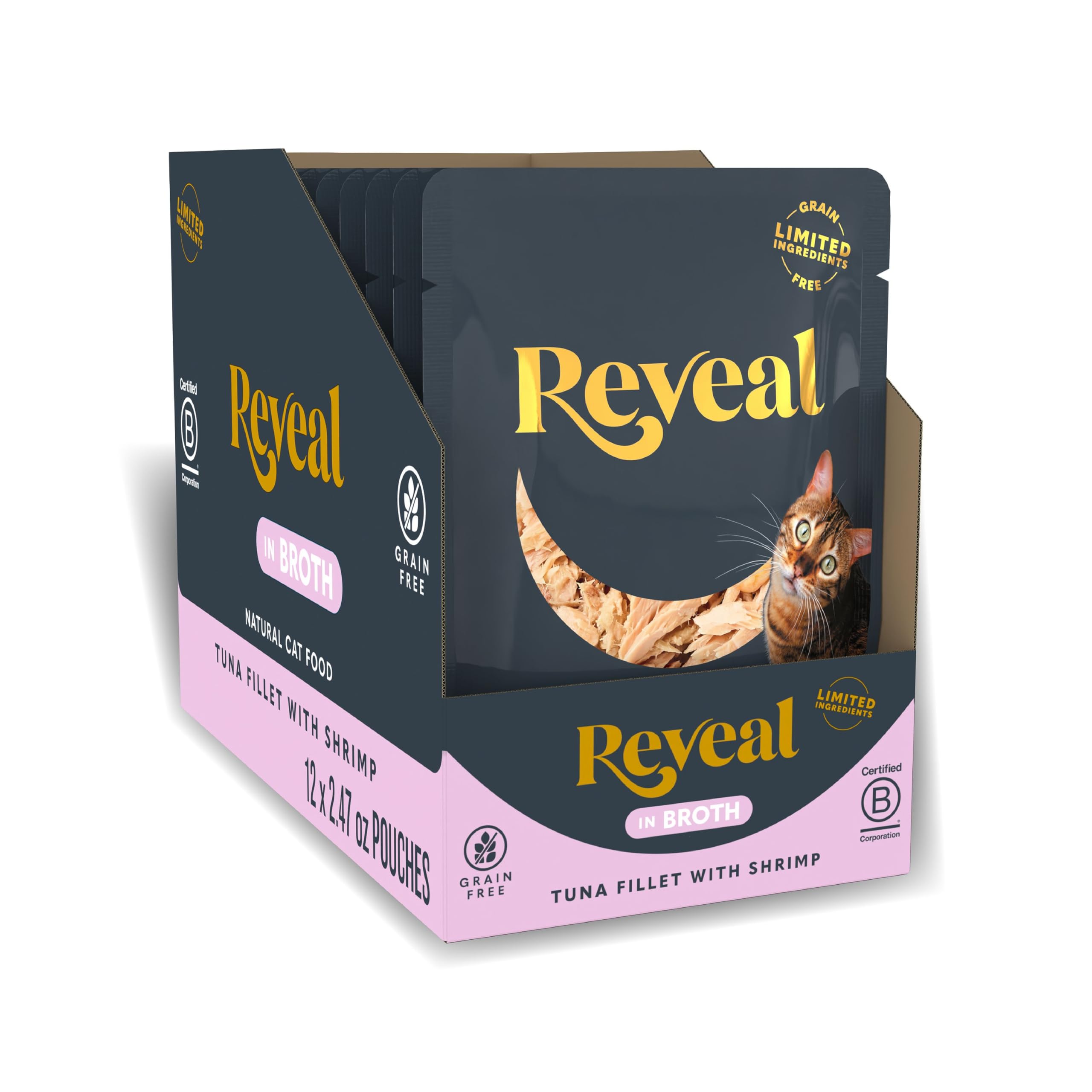 Reveal tuna fillet with shrimp in broth wet cat food in pouch, hydrating flavor for mealtime