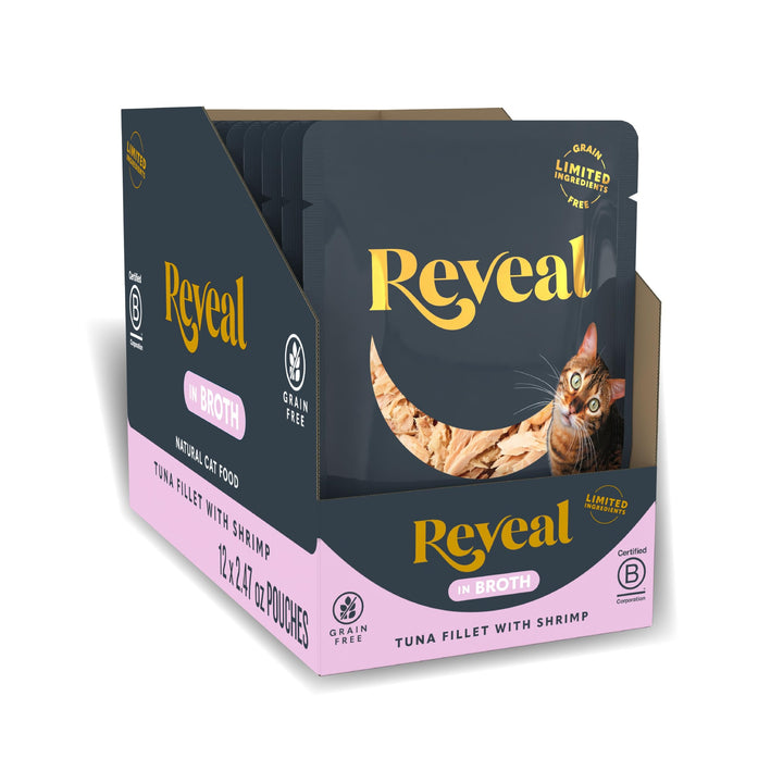Reveal tuna fillet with shrimp in broth wet cat food in pouch, hydrating flavor for mealtime